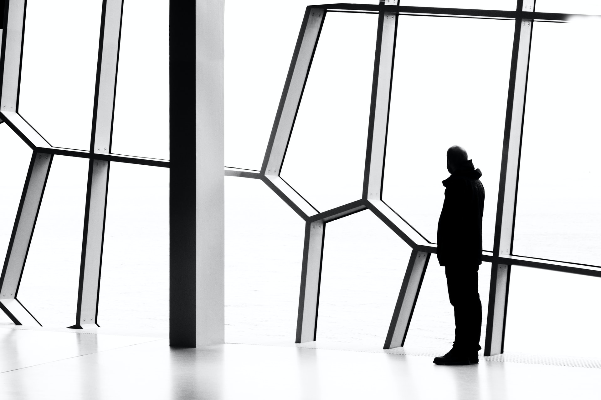 A man inside Harpa Concert Hall in Iceland