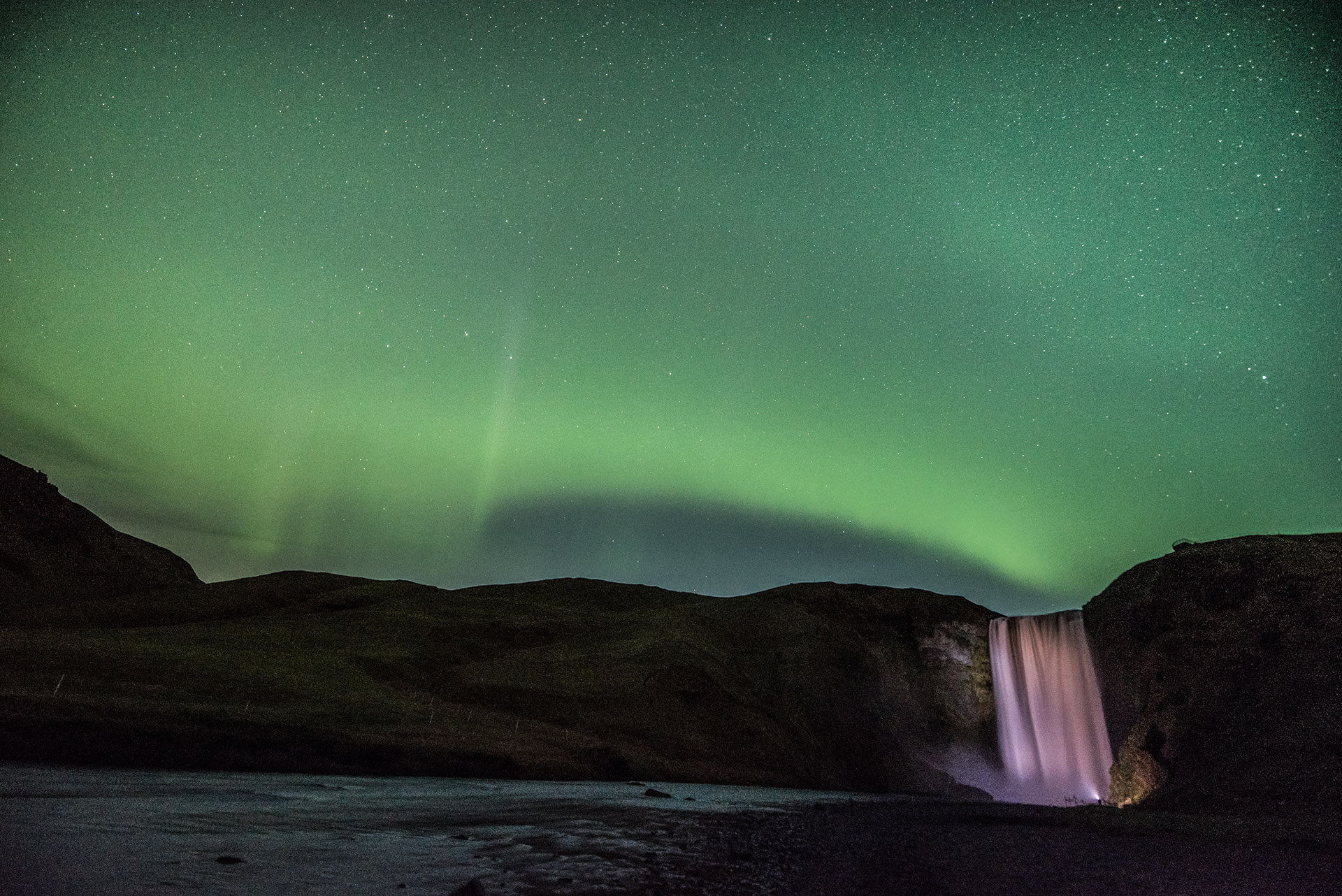 Skógafoss waterfall aurora borealis