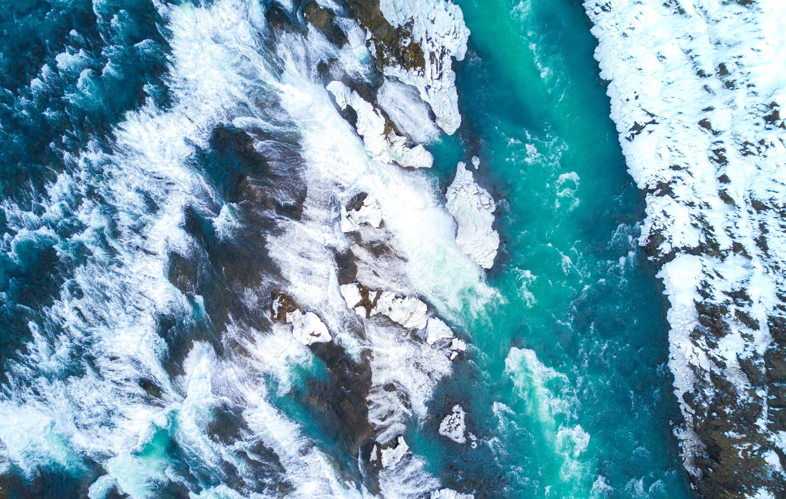 A cropped aerial view of Gullfoss Waterfall in the winter